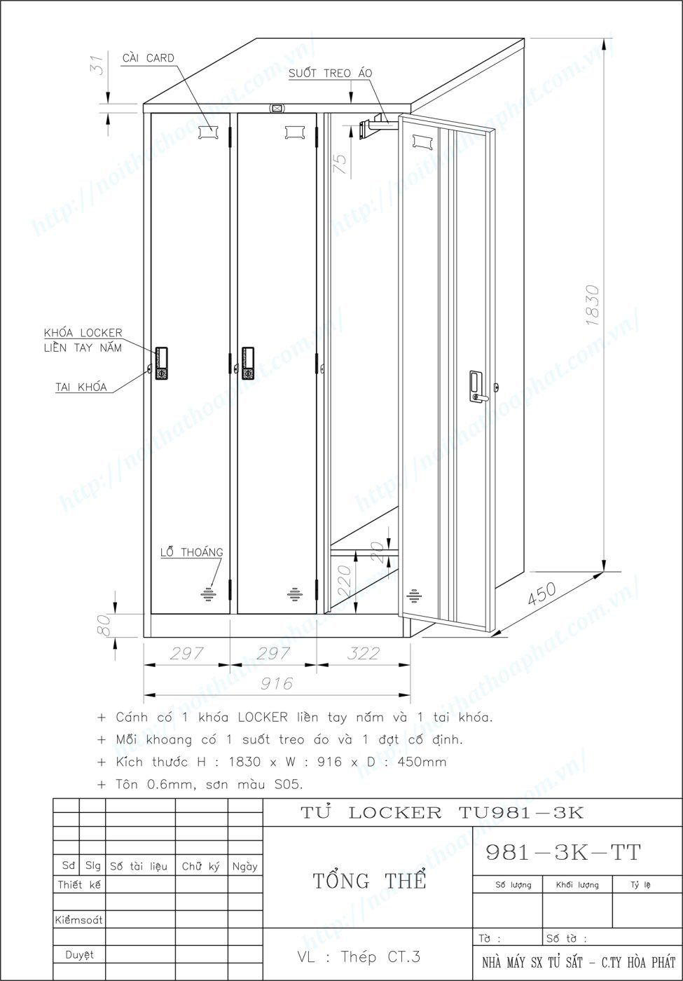 Bản vẽ kỹ thuật tủ locker 3 ngăn TU981-3K