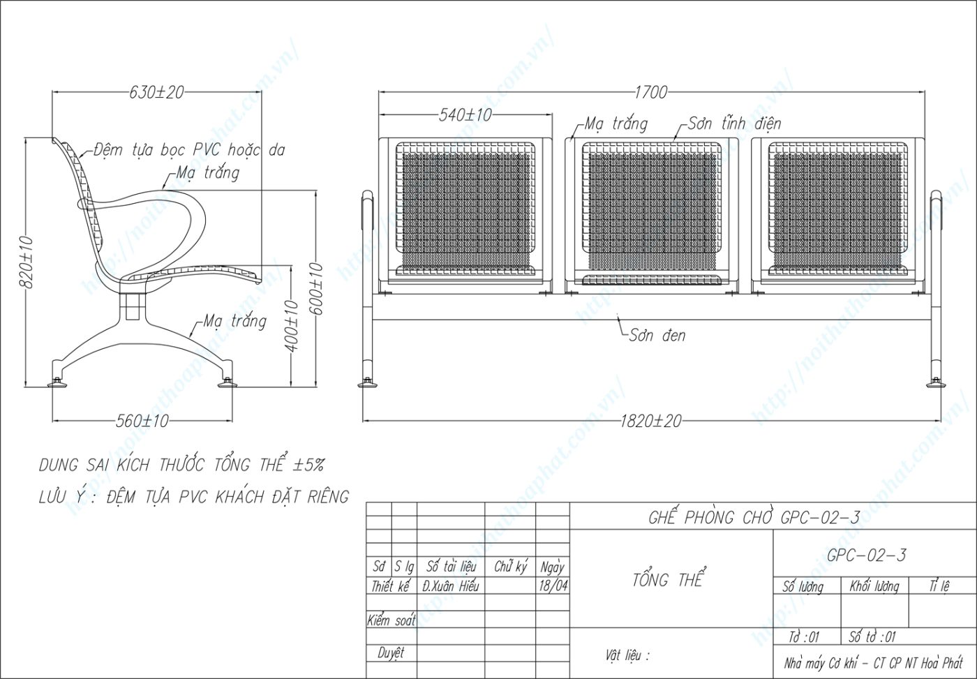 Bản vẽ kỹ thuật ghế phòng chờ 3 chỗ ngồi GPC02-3 Bản vẽ kỹ thuật ghế phòng chờ 3 chỗ ngồi GPC02-3
