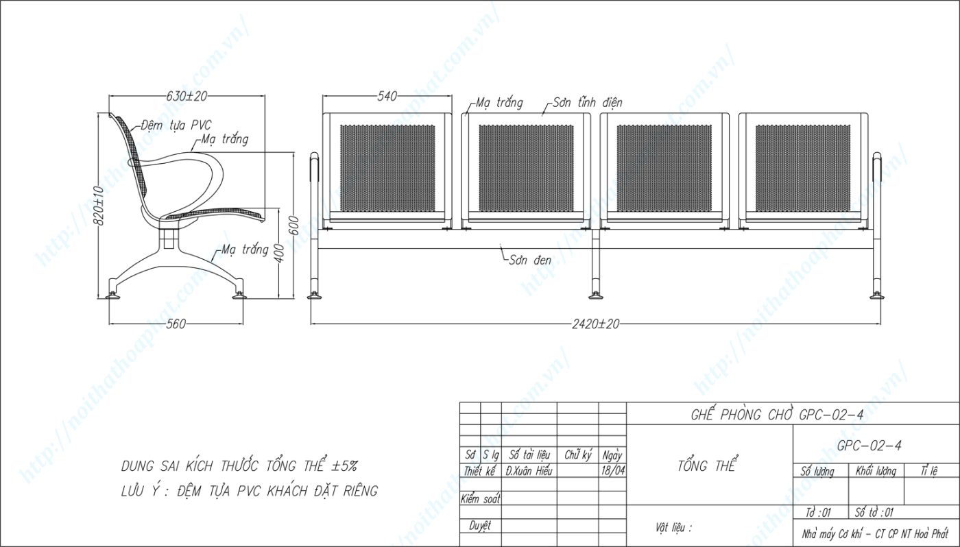 Bản vẽ kỹ thuật ghế ph&ograve;ng chờ 4 chỗ ngồi GPC02-4