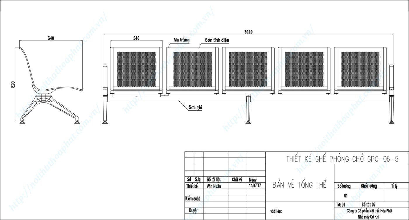 Bản vẽ kỹ thuật ghế ph&ograve;ng chờ 5 chỗ GPC06-5
