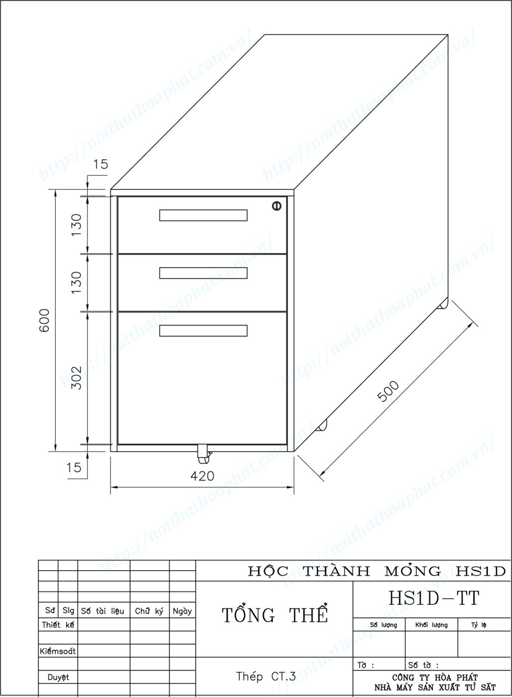 Bản vẽ kỹ thuật thiết kế hộc sắt di động 3 ngăn k&eacute;o HS1D