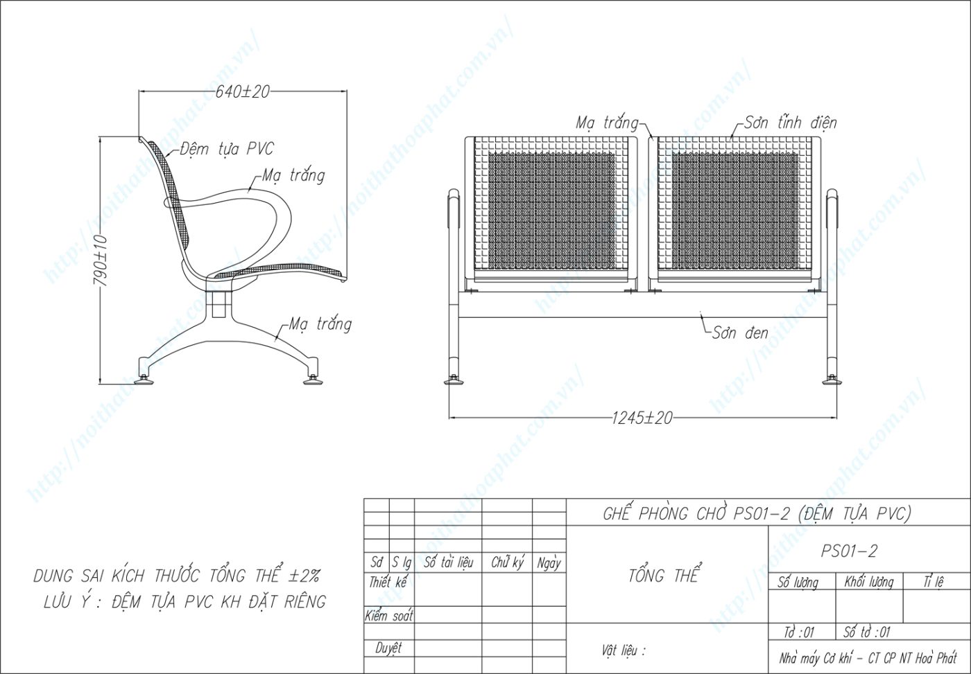 Bản vẽ kỹ thuật ghế ph&ograve;ng chờ 2 chỗ PS01-2