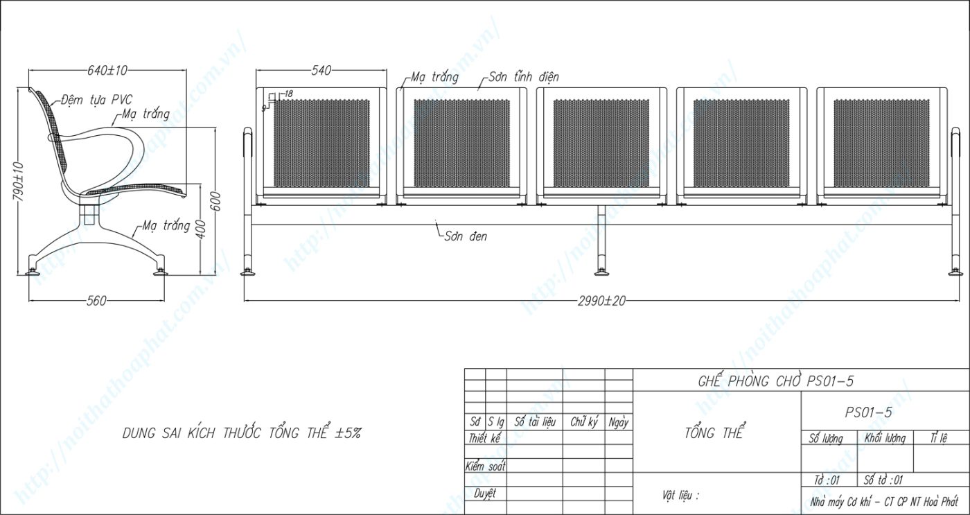 Bản vẽ kỹ thuật ghế ph&ograve;ng chờ 5 chỗ PS01-5