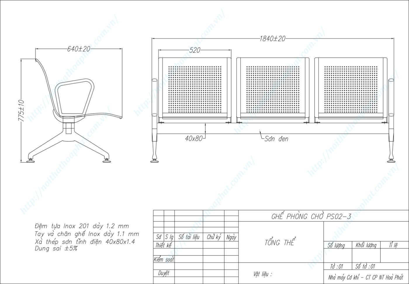 Bản vẽ kỹ thuật ghế ph&ograve;ng chờ Inox 3 chỗ PS02-3