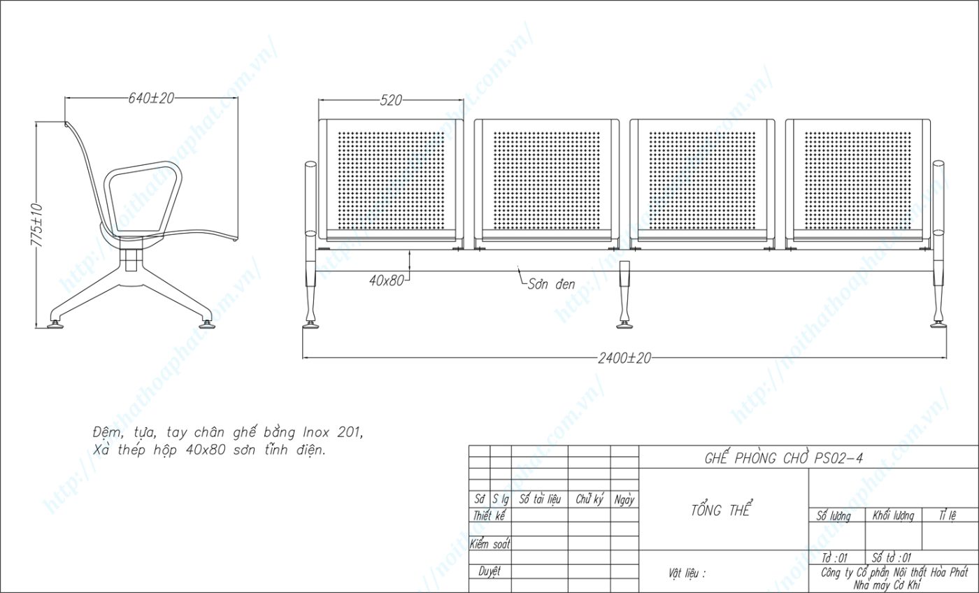 Bản vẽ kỹ thuật ghế ph&ograve;ng chờ Inox 4 chỗ PS02-4