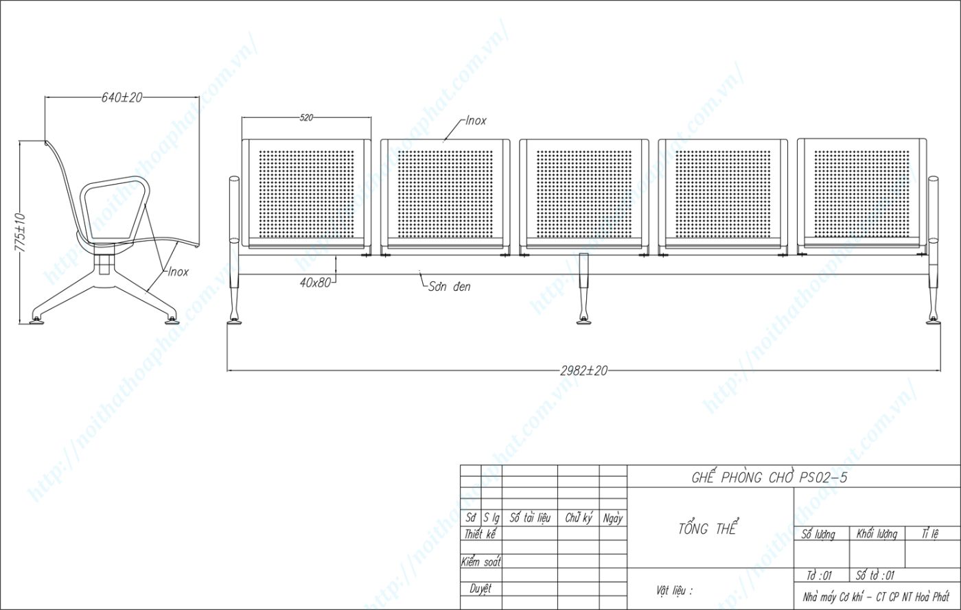 Bản vẽ kỹ thuật ghế ph&ograve;ng chờ Inox 5 chỗ PS02-5