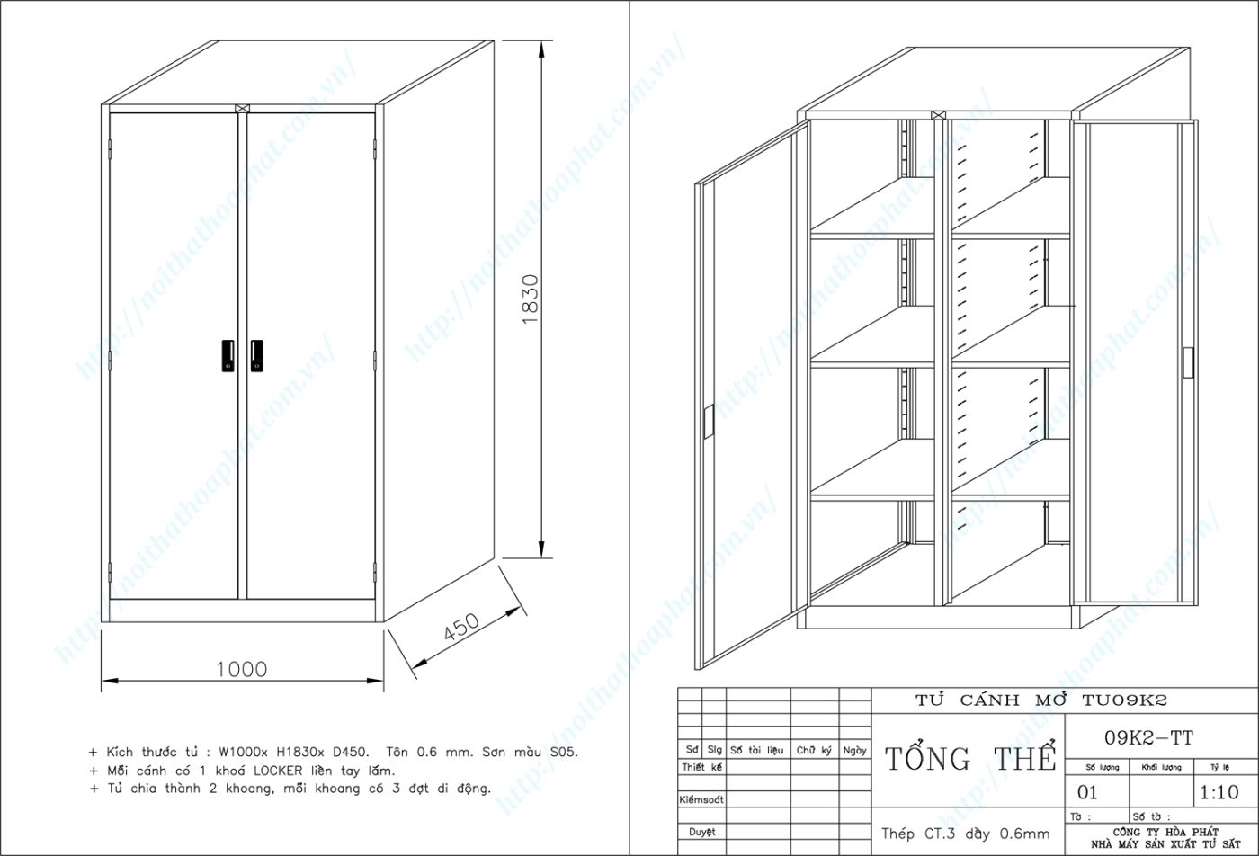 Bản vẽ kỹ thuật thiết kế tủ hồ sơ sắt 2 khoang TU09K2