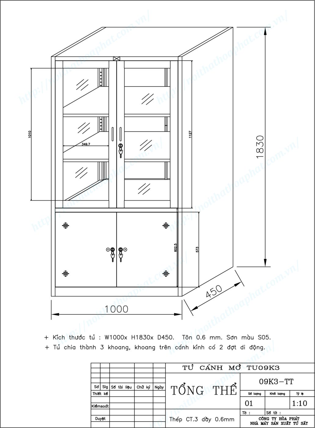 Bản vẽ kỹ thuật thiết kế tủ sắt sơn tĩnh điện c&aacute;nh k&iacute;nh TU09K3