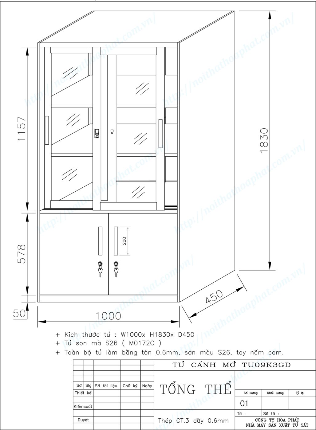 Bản vẽ kỹ thuật thiết kế tủ sắt văn ph&ograve;ng TU09K3GD