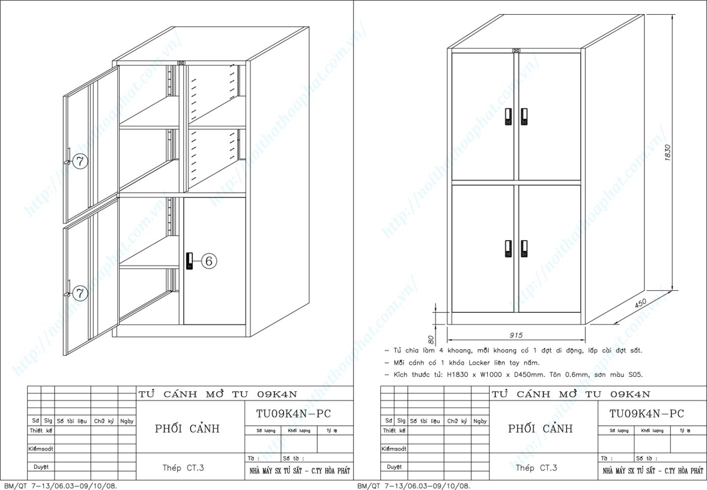 Bản vẽ kỹ thuật thiết kế tủ hồ sơ sắt TU09K4N