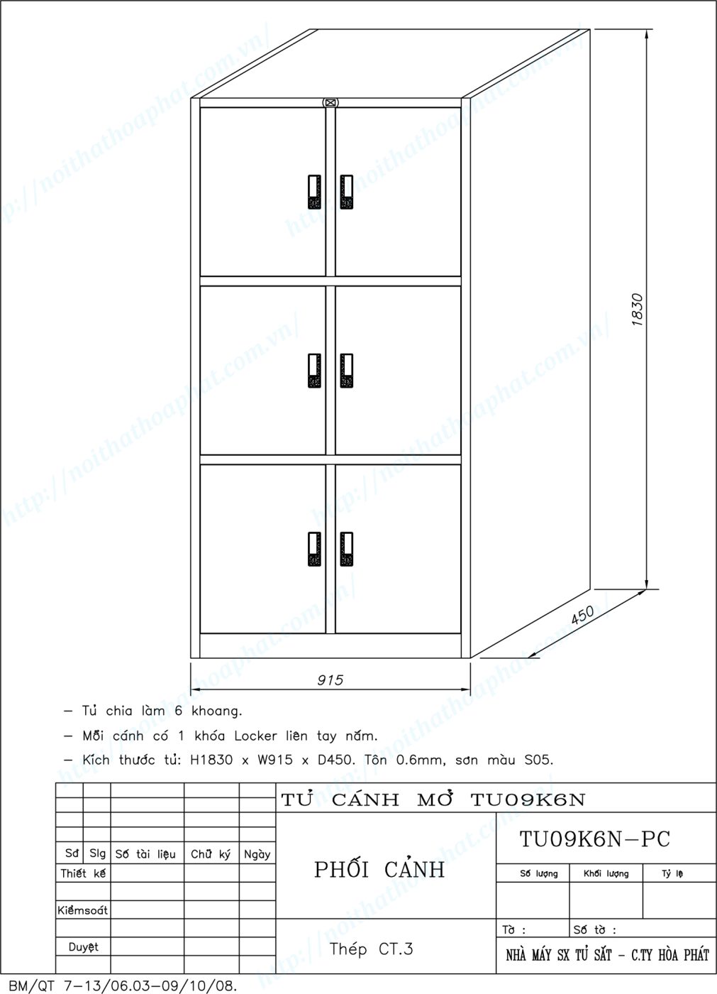 Bản vẽ kỹ thuật thiết kế tủ hồ sơ sắt 6 khoang TU09K6N