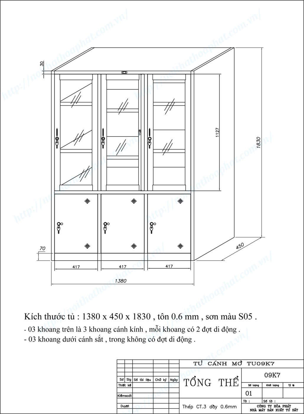Bản vẽ kỹ thuật thiết kế tủ sắt sơn tĩnh điện 6 khoang TU09K7CK