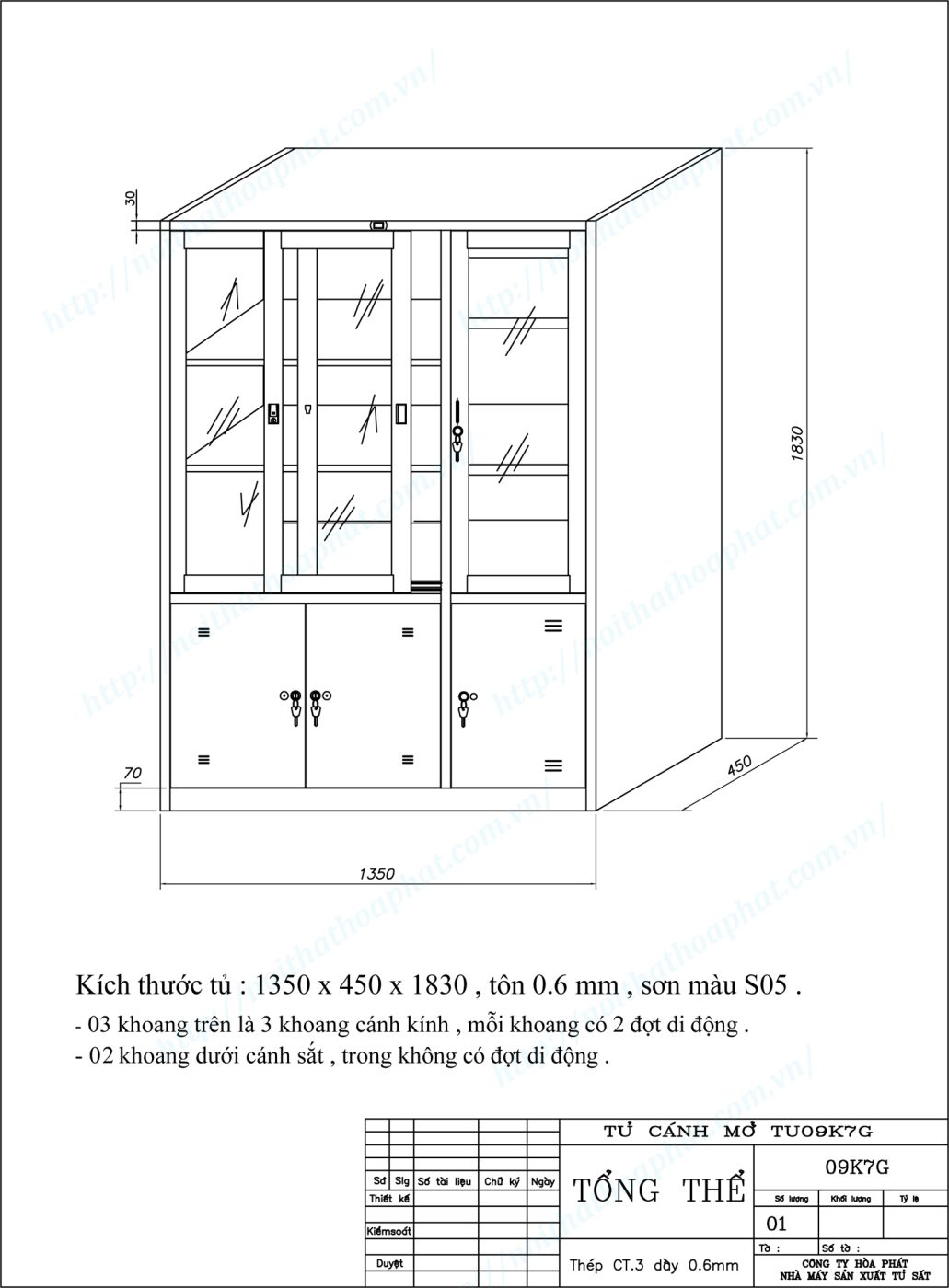 Bản vẽ kỹ thuật thiết kế tủ hồ sơ sắt 5 khoang TU09K7GCK