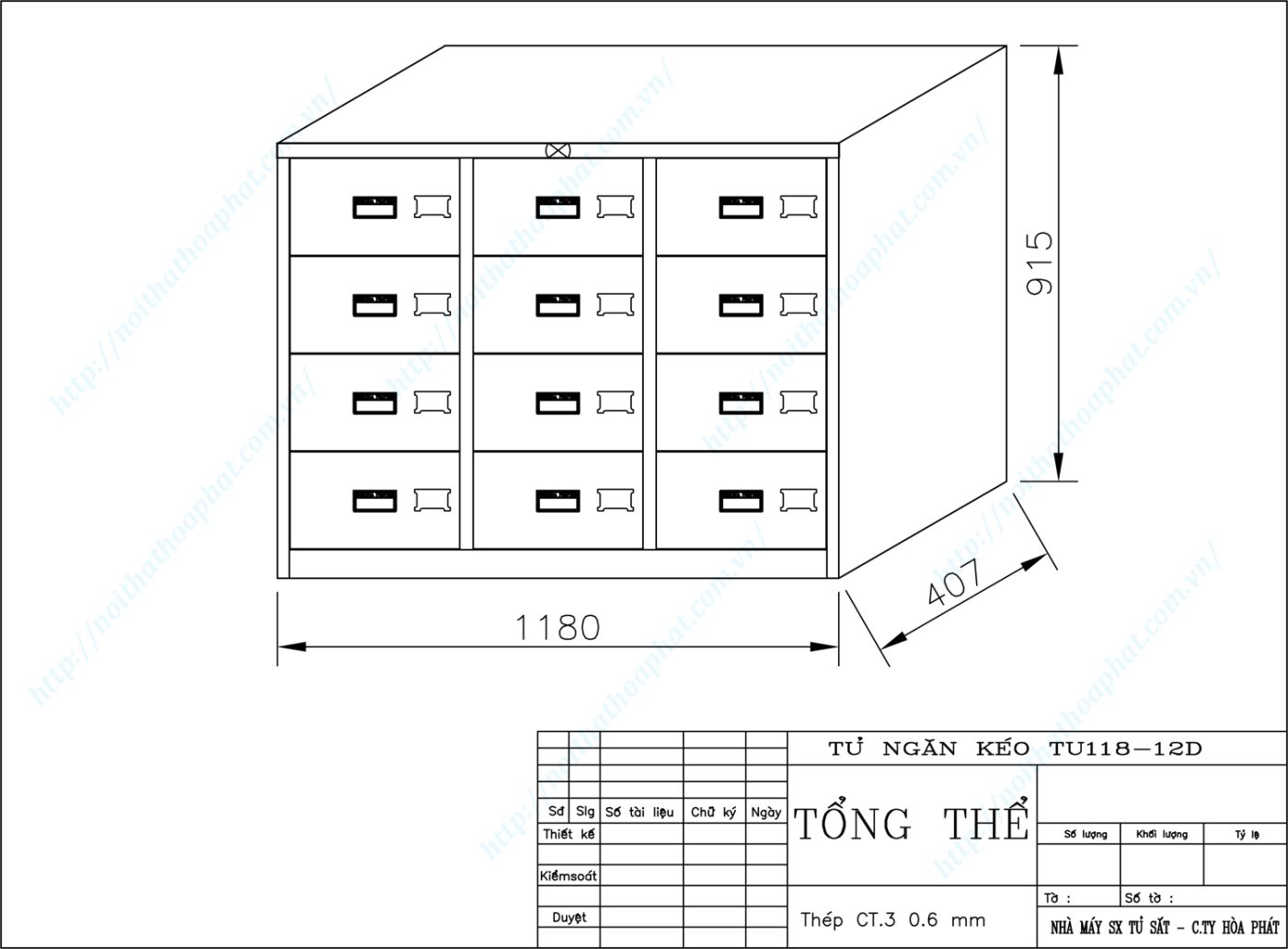 Bản vẽ kỹ thuật thiết kế tủ sắt 12 ngăn k&eacute;o TU118-12D