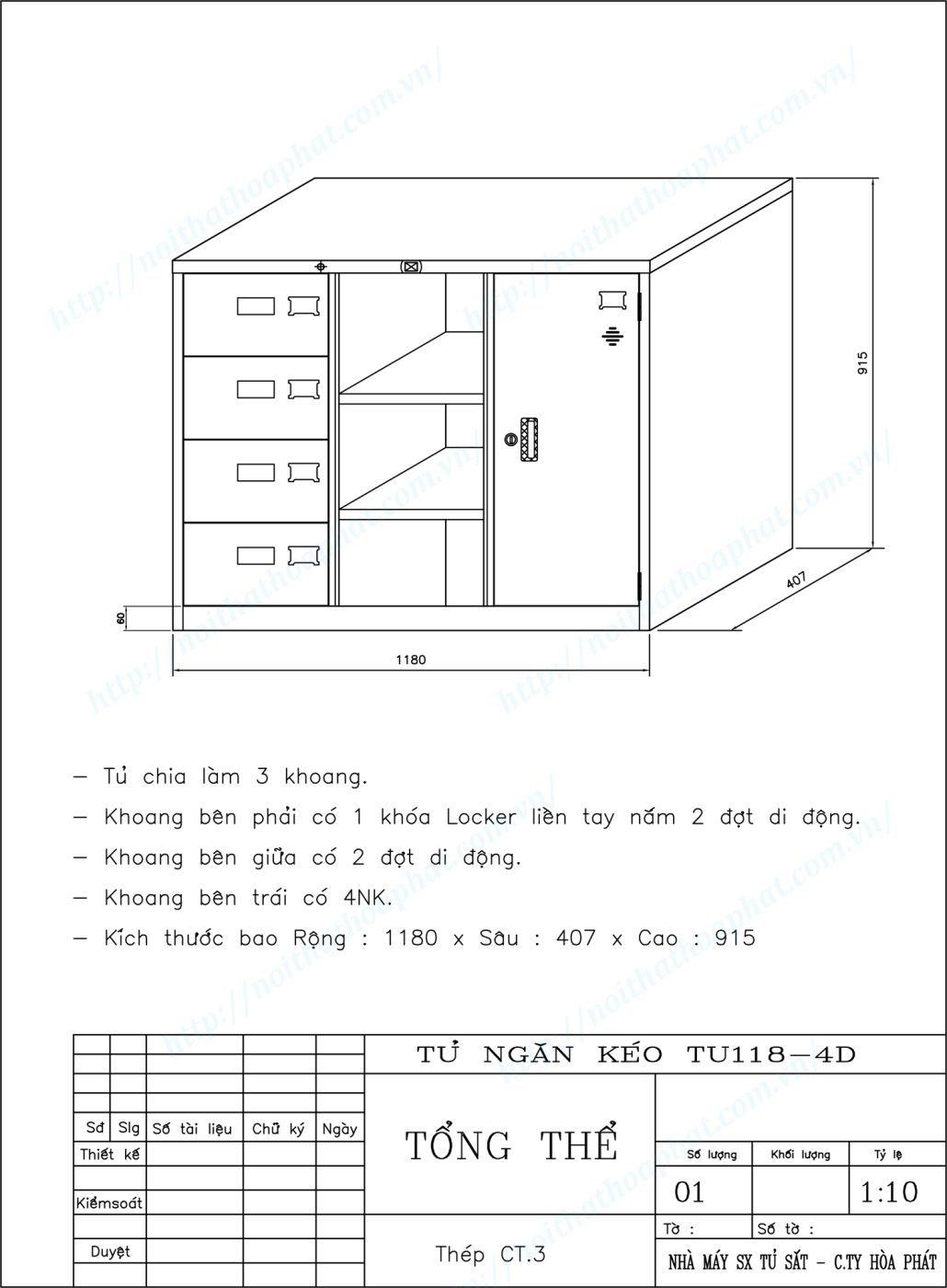 Bản vẽ kỹ thuật thiết kế tủ ngăn k&eacute;o 3 khoang TU118-4D