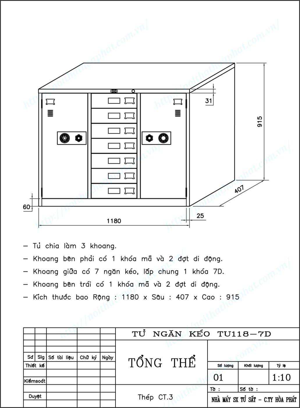 Bản vẽ kỹ thuật thiết kế tủ 7 ngăn k&eacute;o 3 khoang TU118-7D