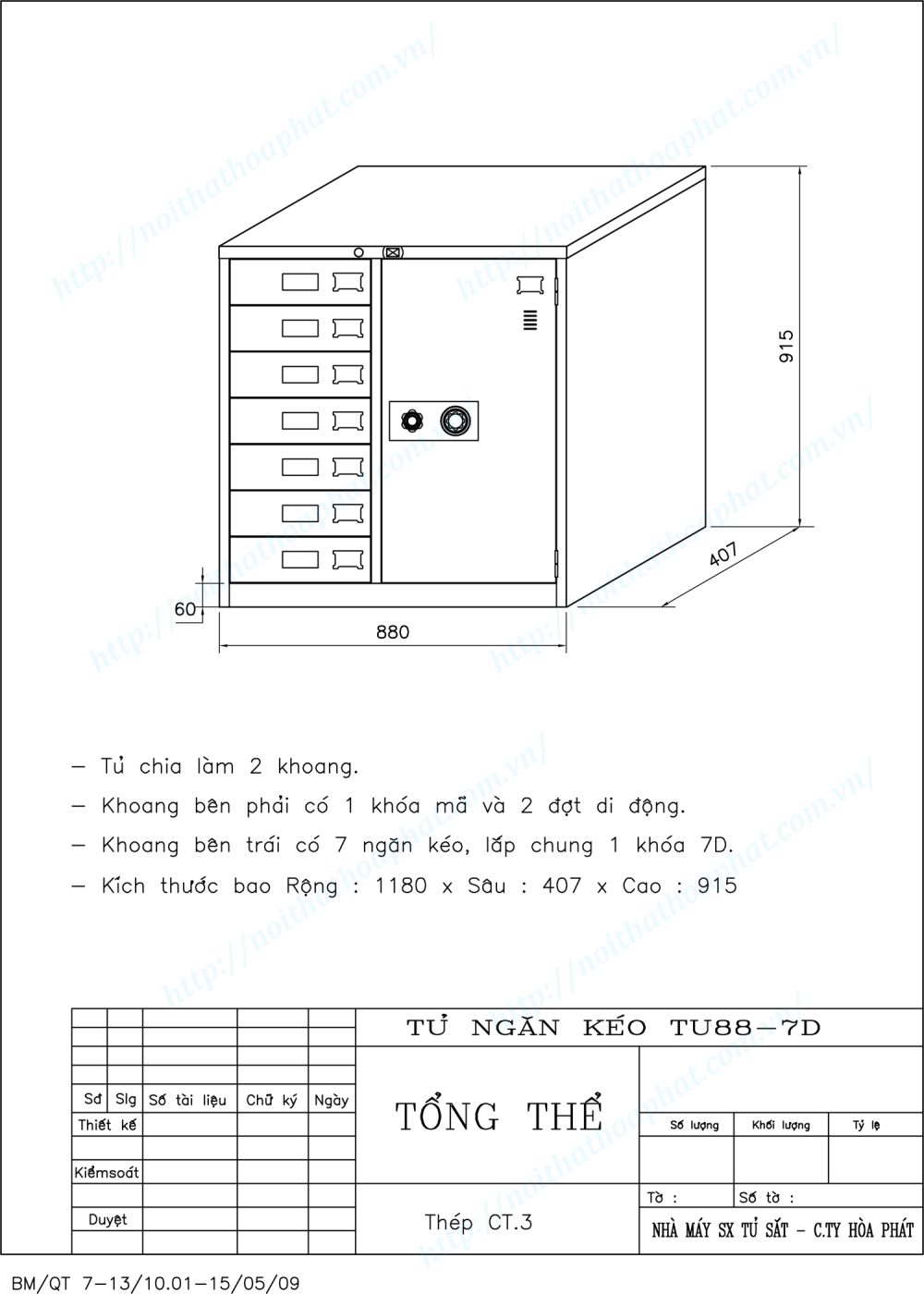 Bản vẽ kỹ thuật thiết kế tủ ngăn k&eacute;o đựng t&agrave;i liệu TU88-7D
