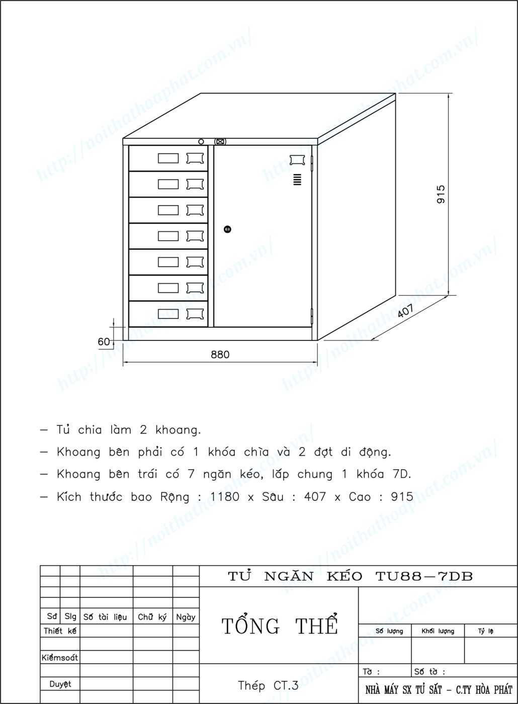 Bản vẽ kỹ thuật thiết kế tủ sắt 7 ngăn k&eacute;o TU88-7DB