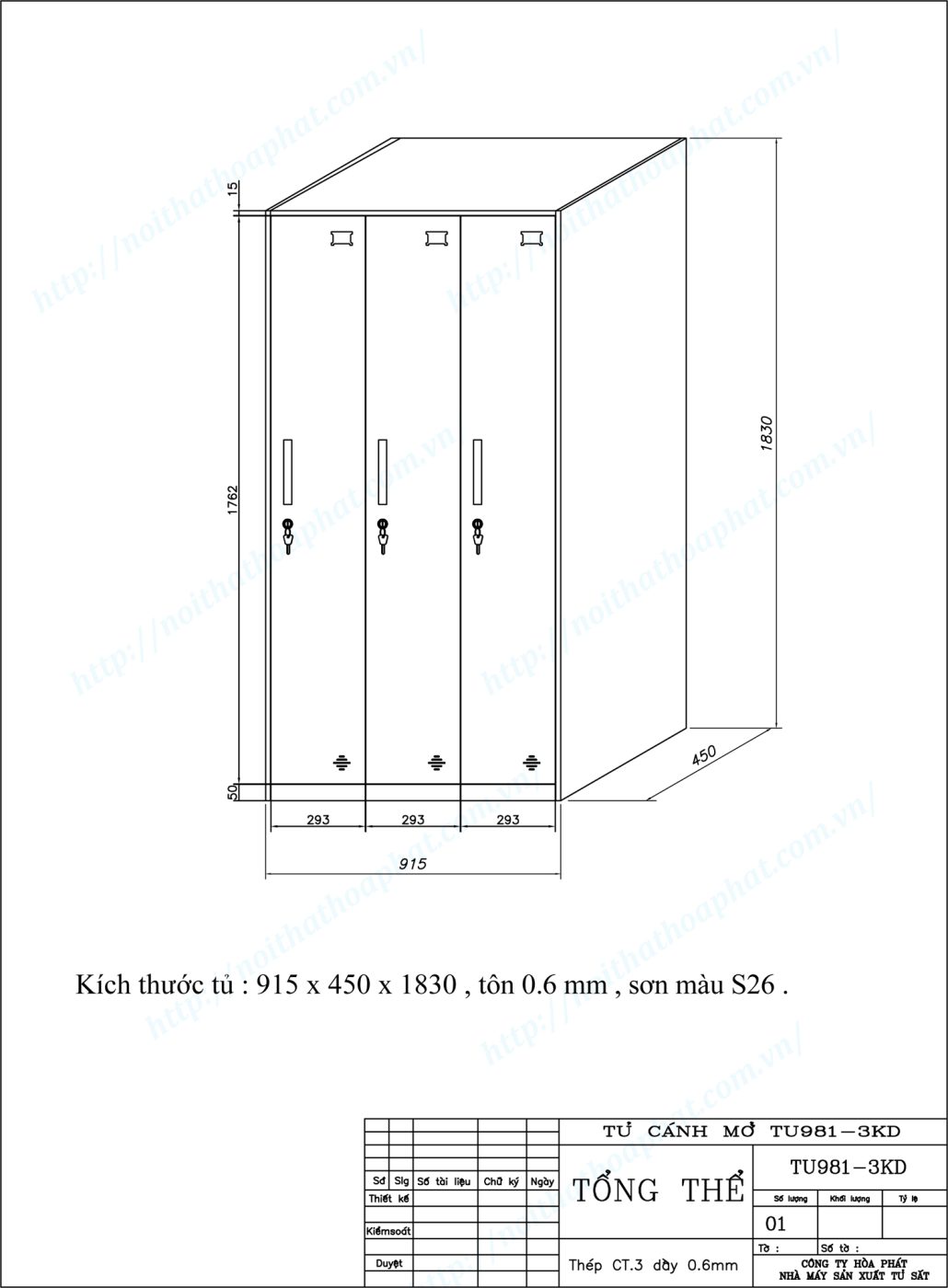 Bản vẽ kỹ thuật thiết kế tủ sắt 3 khoang TU981-3KD Bản vẽ kỹ thuật thiết kế tủ sắt 3 khoang TU981-3KD
