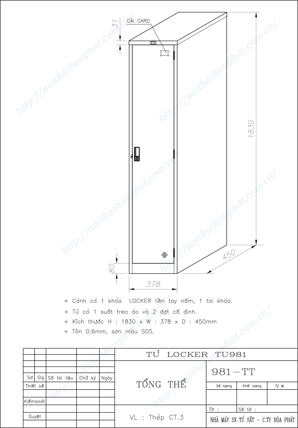 Bản vẽ kỹ thuật tủ locker 1 ngăn TU981