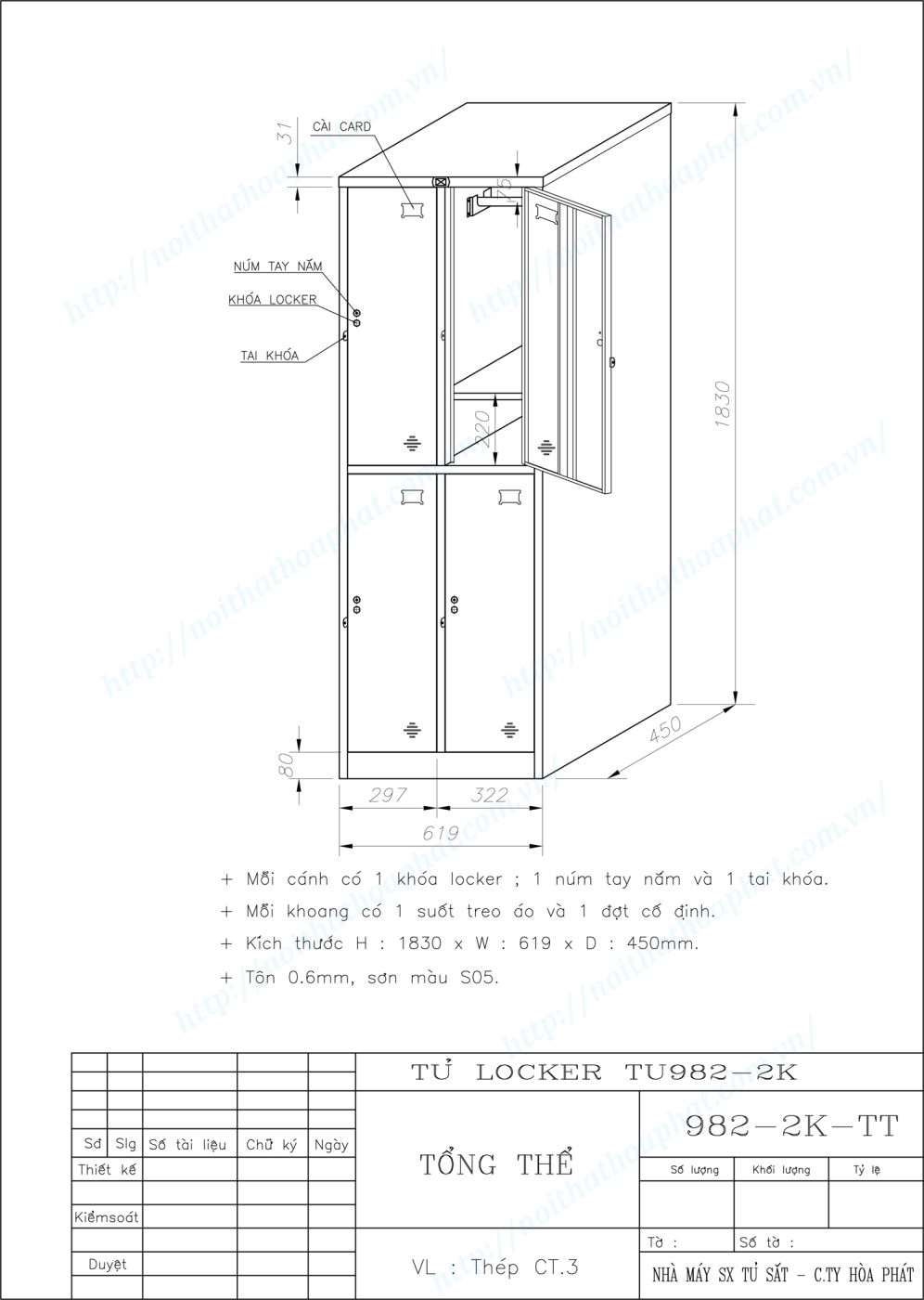 Bản vẽ kỹ thuật tủ locker 4 ngăn TU982-2K