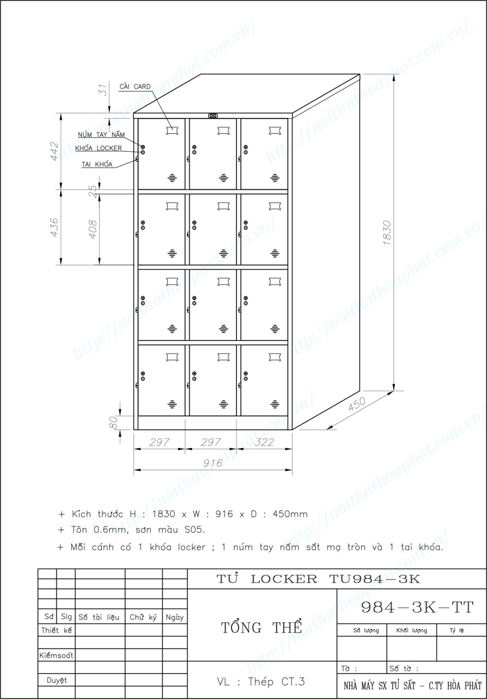 Bản vẽ kỹ thuật tủ locker 12 ngăn TU984-3K