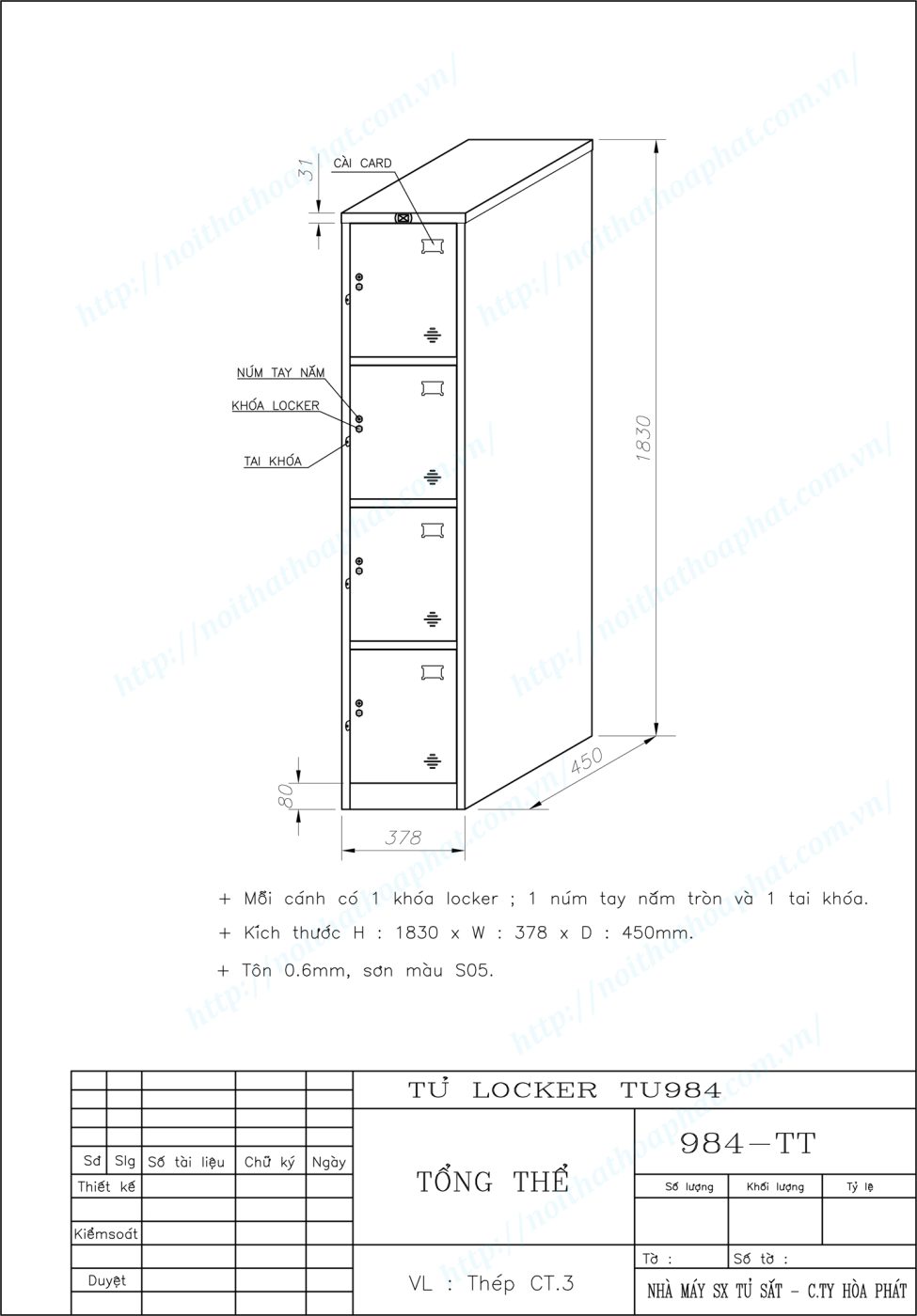 Bản vẽ kỹ thuật tủ locker 4 ngăn TU984