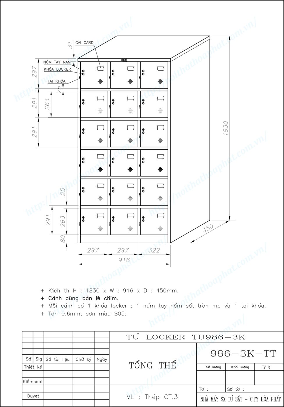 Bản vẽ kỹ thuật tủ locker 18 ngăn TU986-3K