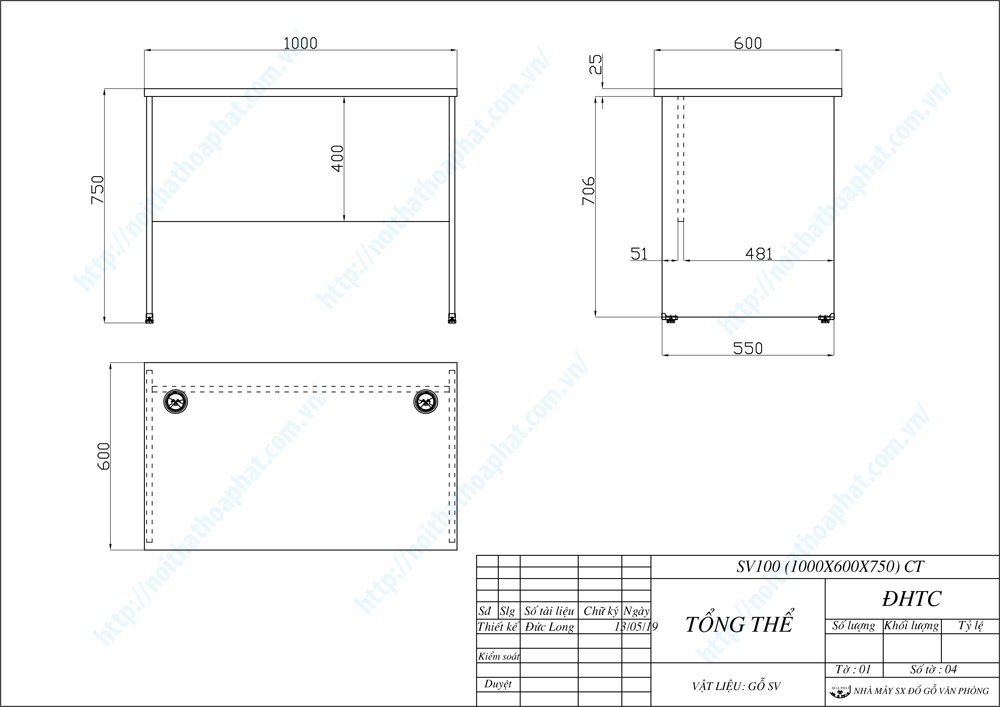 Bản vẽ thiết kế bàn làm việc SV100 Bản vẽ thiết kế bàn làm việc SV100