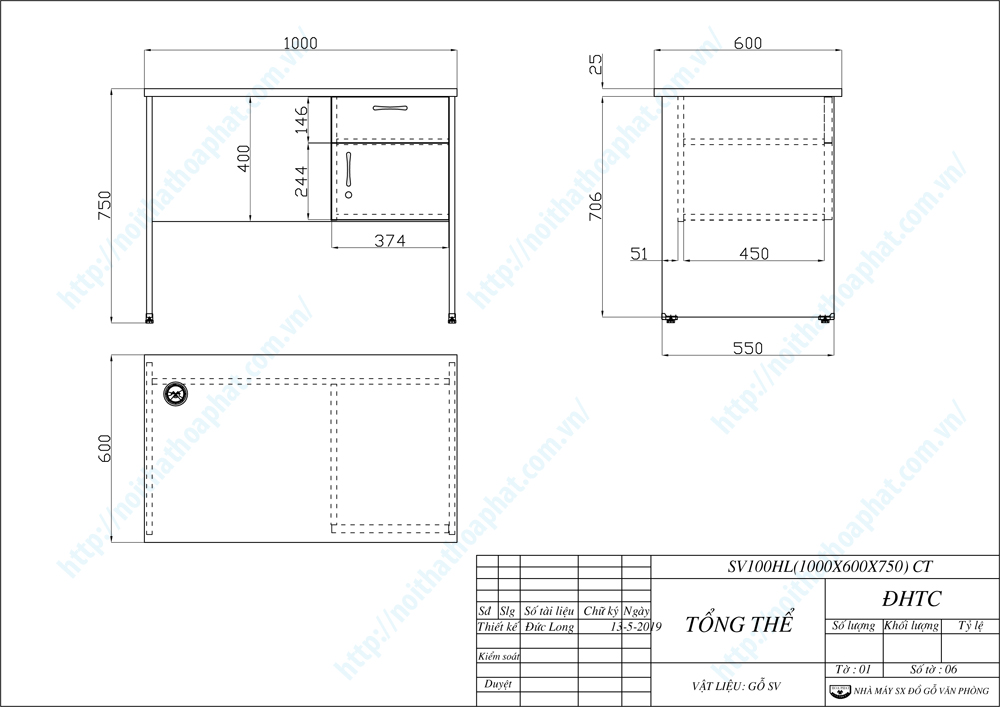 Bản vẽ thiết kế bàn hộc liền 1m SV100HL Bản vẽ thiết kế bàn hộc liền 1m SV100HL
