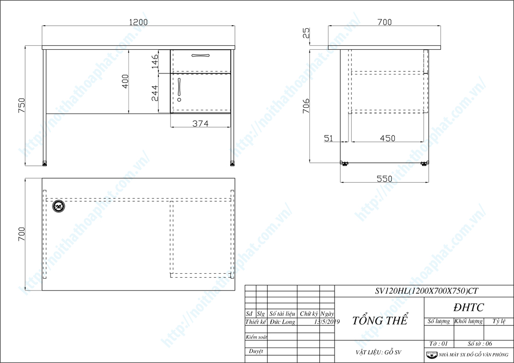 Bản vẽ thiết kế bàn làm việc hộc liền 1m2 SV120HL Bản vẽ thiết kế bàn làm việc hộc liền 1m2 SV120HL