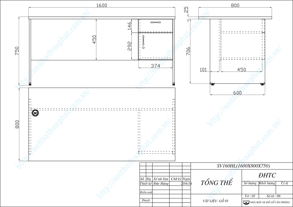 Bản vẽ thiết kế b&agrave;n l&agrave;m việc 1m6 SV160HL