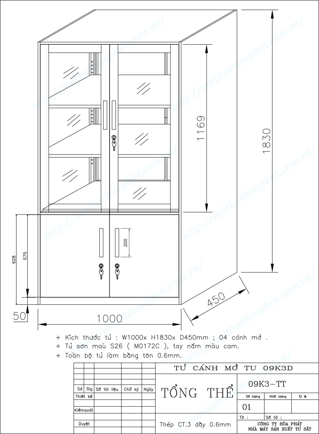 Bản vẽ kỹ thuật thiết kế tủ hồ sơ c&aacute;nh mở TU09K3D