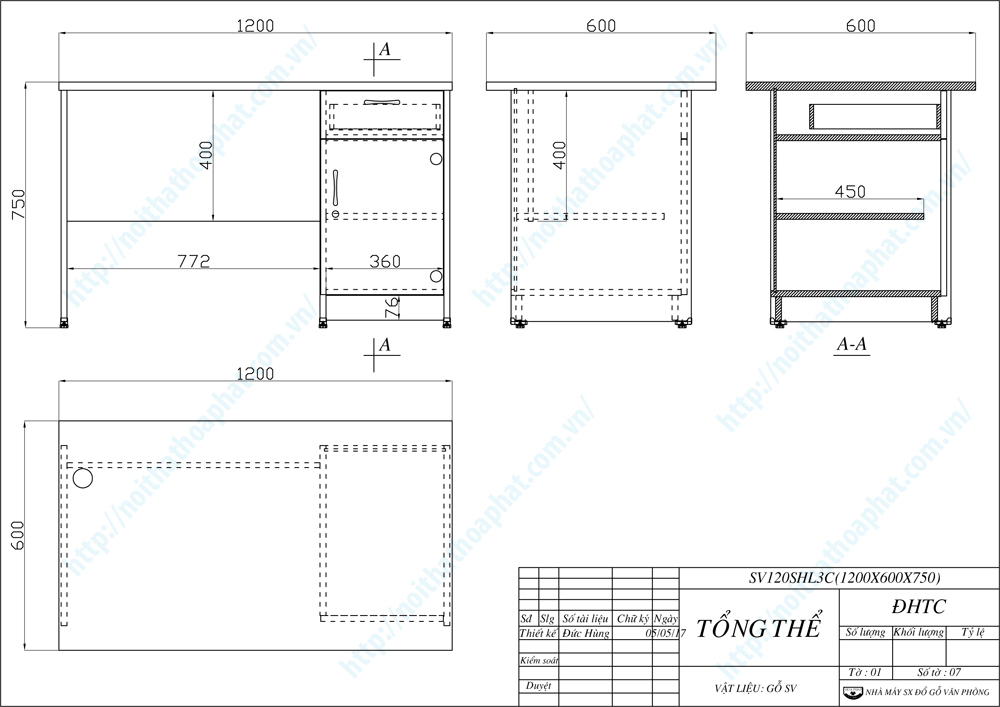Bản vẽ thiết kế bàn hộc liền 2 ngăn SV120SHL3C Bản vẽ thiết kế bàn hộc liền 2 ngăn SV120SHL3C