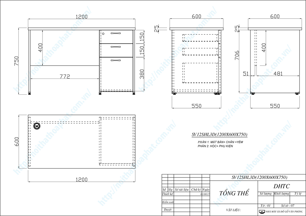 Bản vẽ thiết kế b&agrave;n l&agrave;m việc hộc liền 3 ngăn SV120SHL3D