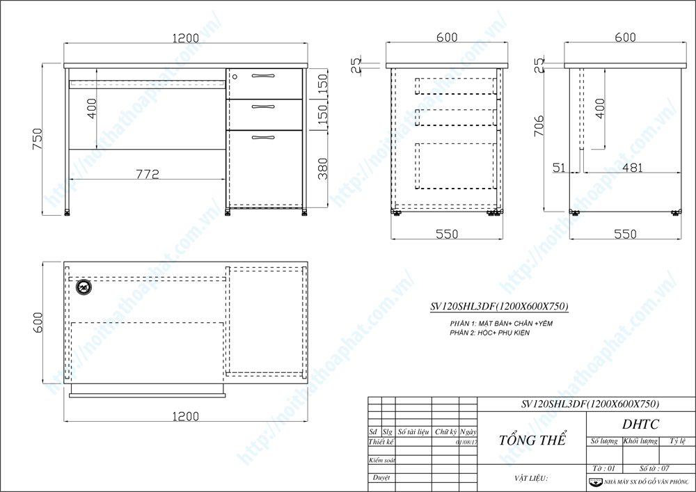 Bản vẽ thiết kế b&agrave;n m&aacute;y t&iacute;nh hộc liền SV120SHL3DF