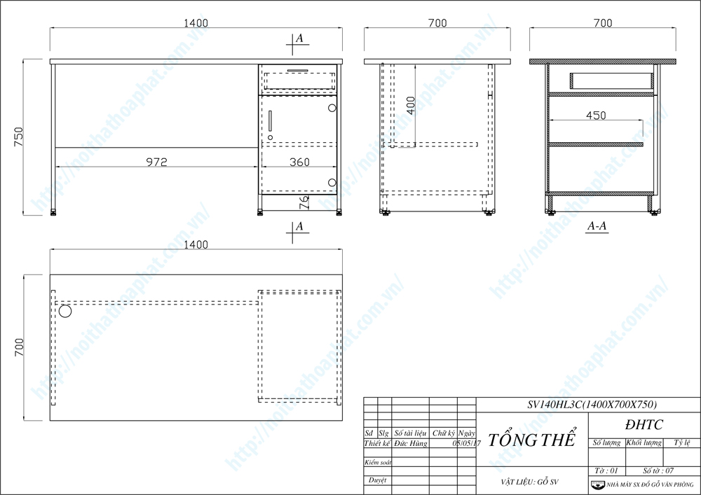 Bản vẽ thiết kế bàn nhân viên hộc liền 1m4 SV140HL3C Bản vẽ thiết kế bàn nhân viên hộc liền 1m4 SV140HL3C