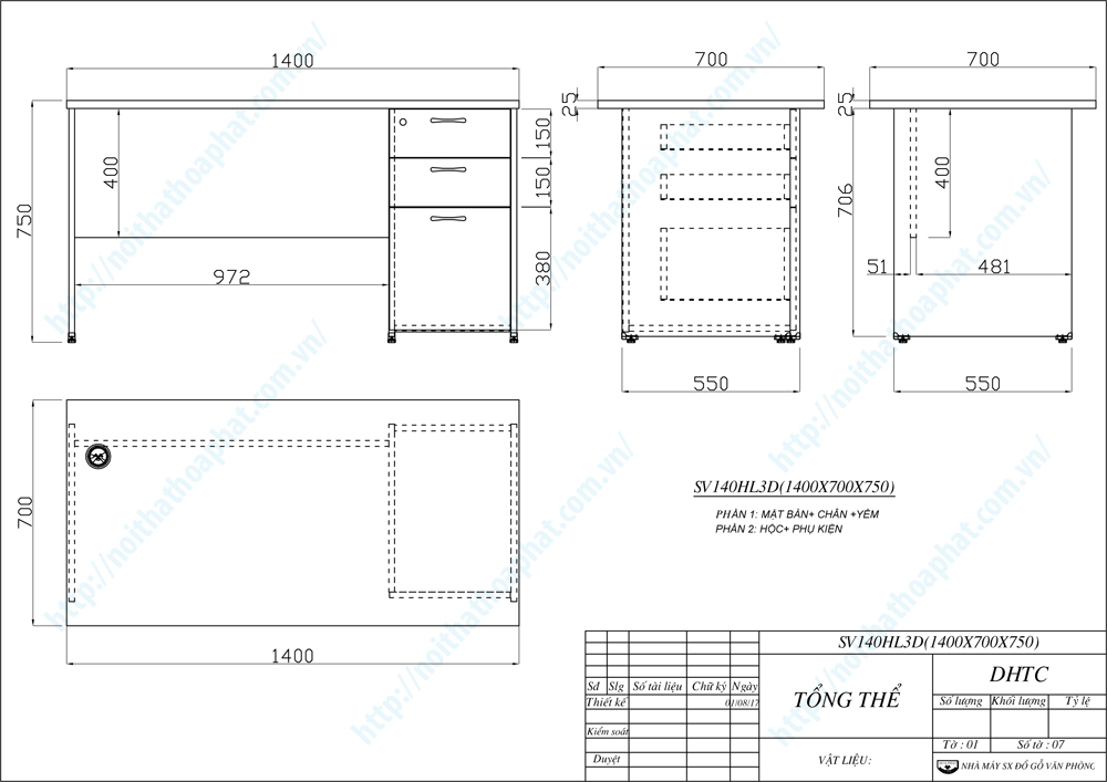 Bản vẽ thiết kế bàn văn phòng hộc liền 3 ngăn SV140HL3D Bản vẽ thiết kế bàn văn phòng hộc liền 3 ngăn SV140HL3D