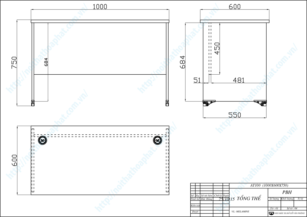 Bản vẽ thiết kế bàn làm việc 1m AT100 Bản vẽ thiết kế bàn làm việc 1m AT100