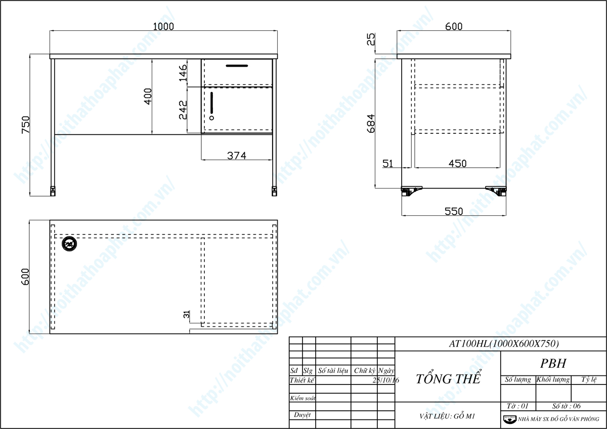 Bản vẽ thiết kế tổng thể b&agrave;n l&agrave;m việc 1m hộc liền AT100HL