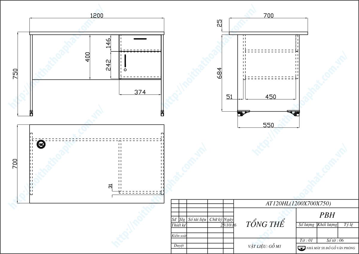 Bản vẽ thiết kế tổng thể b&agrave;n l&agrave;m việc h&ograve;a ph&aacute;t 1m2 AT120HL