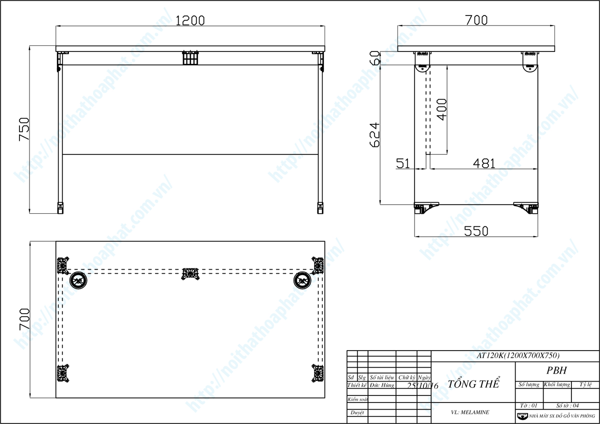 Bản vẽ thiết kế tổng thể b&agrave;n l&agrave;m việc 1m2 AT120K