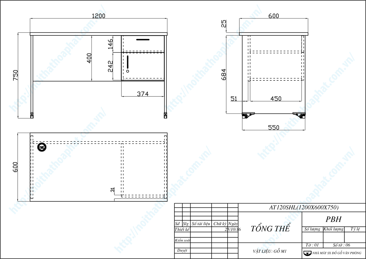 Bản vẽ thiết kế tổng thể bàn nhân viên 1m2 hộc liền AT120SHL Bản vẽ thiết kế tổng thể bàn nhân viên 1m2 hộc liền AT120SHL