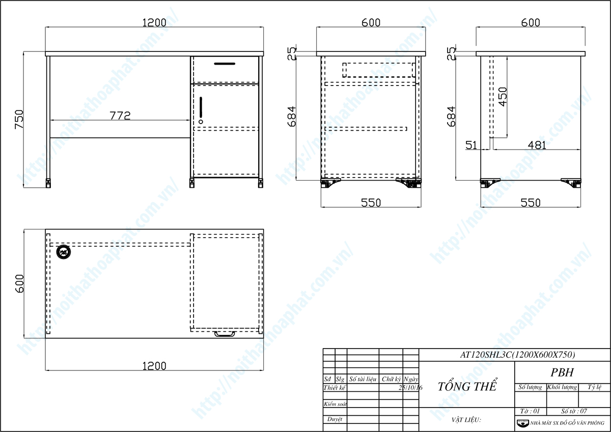 Bản vẽ thiết kế tổng thể bàn làm việc hộc liền 1m2 AT120SHL3C Bản vẽ thiết kế tổng thể bàn làm việc hộc liền 1m2 AT120SHL3C