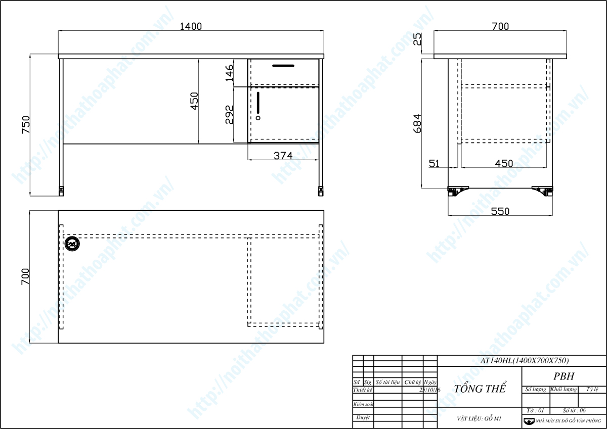 Bản vẽ thiết kế tổng thể b&agrave;n nh&acirc;n vi&ecirc;n 1m4 AT140HL