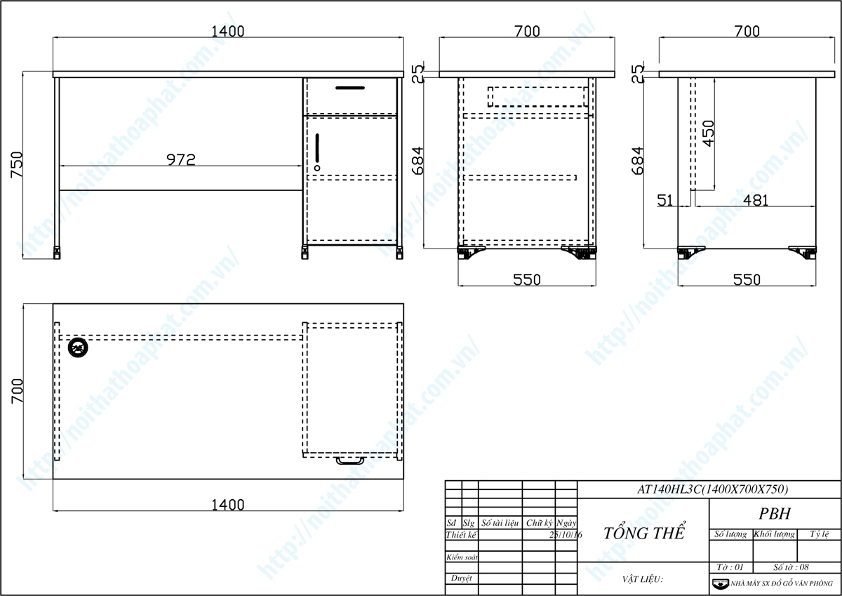 Bản vẽ thiết kế tổng thể bàn hộc liền 1m4 AT140HL3C Bản vẽ thiết kế tổng thể bàn hộc liền 1m4 AT140HL3C