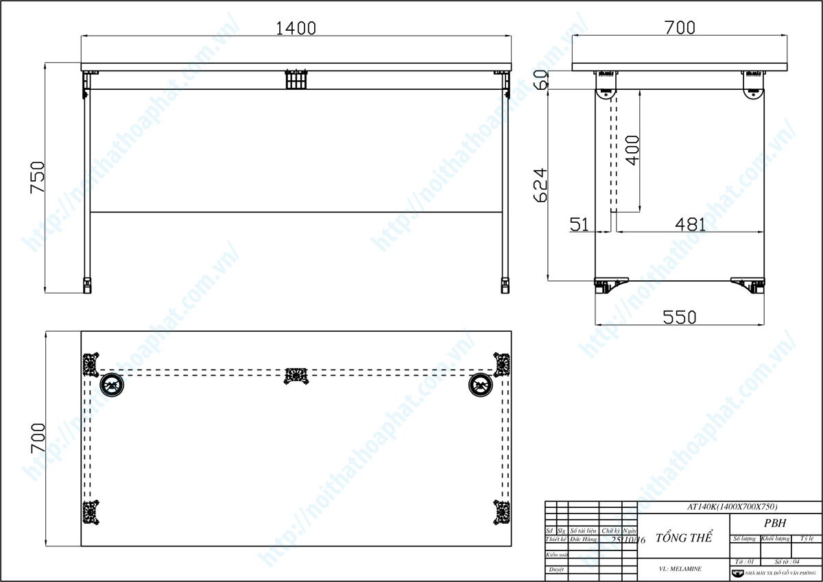 Bản vẽ thiết kế tổng thể b&agrave;n nh&acirc;n vi&ecirc;n 1m4 AT140K