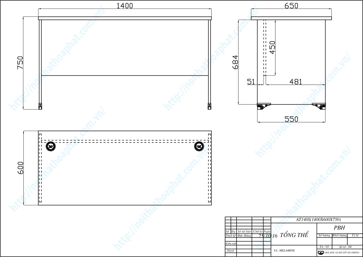 Bản vẽ thiết kế tổng thể b&agrave;n l&agrave;m việc 1m4 AT140S