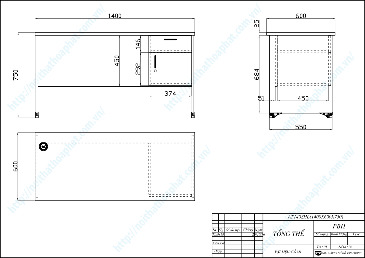 Bản vẽ thiết kế tổng thể bàn làm việc hộc liền 1m4 AT140SHL Bản vẽ thiết kế tổng thể bàn làm việc hộc liền 1m4 AT140SHL
