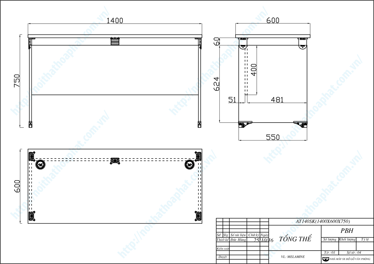 Bản vẽ thiết kế tổng thể b&agrave;n l&agrave;m việc gỗ 1m4 AT140SK